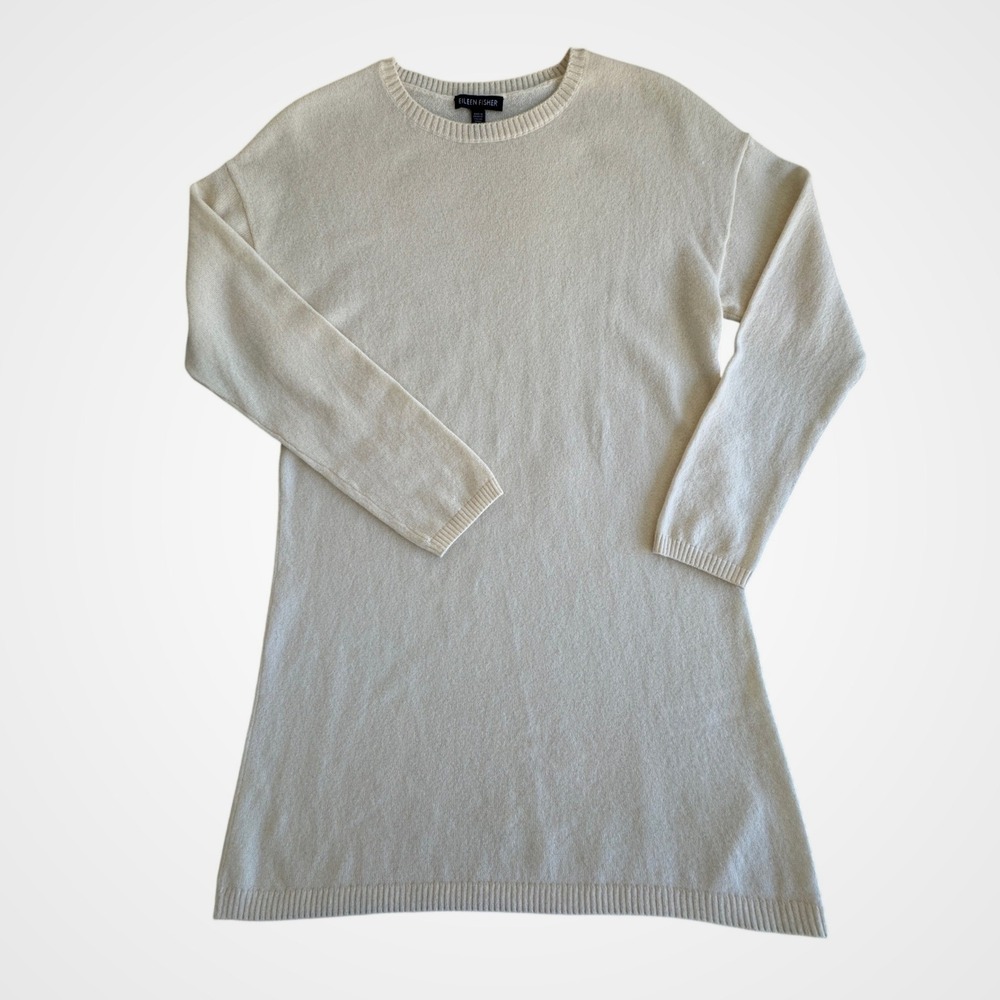Eileen Fisher 100% Cashmere Longline Crewneck Sweater Cream XXS‎ Italian Yarn